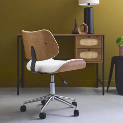 Sedia da ufficio con rotelle, effetto legno curvato e similpelle