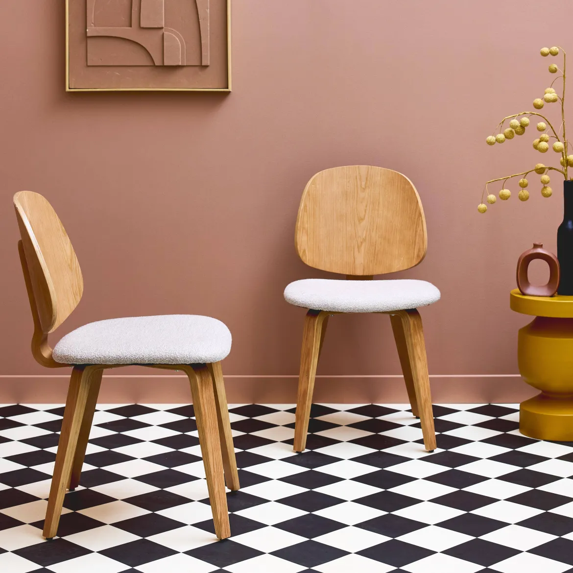 Sedia in legno curvato e bouclé, set di 2