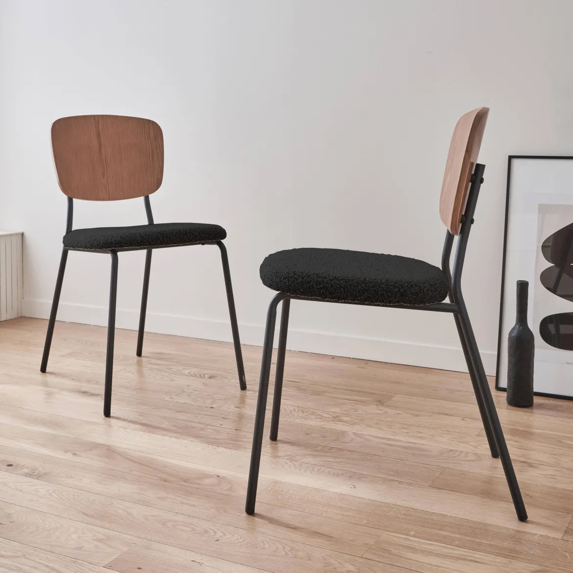 Sedie bouclé struttura in legno con gambe in metallo, set 2