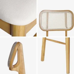 Sedie in legno di hevea, canna e tessuto, set di 2