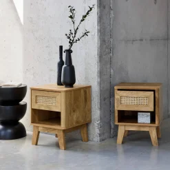Set 2 comodini con decorazione in legno e canna da zucchero