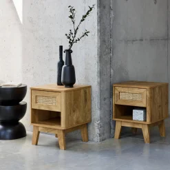 Set 2 comodini con decorazione in legno e canna da zucchero