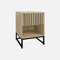 Set 2 comodini contemporanei, decoro in legno scanalato, 1 cassetto