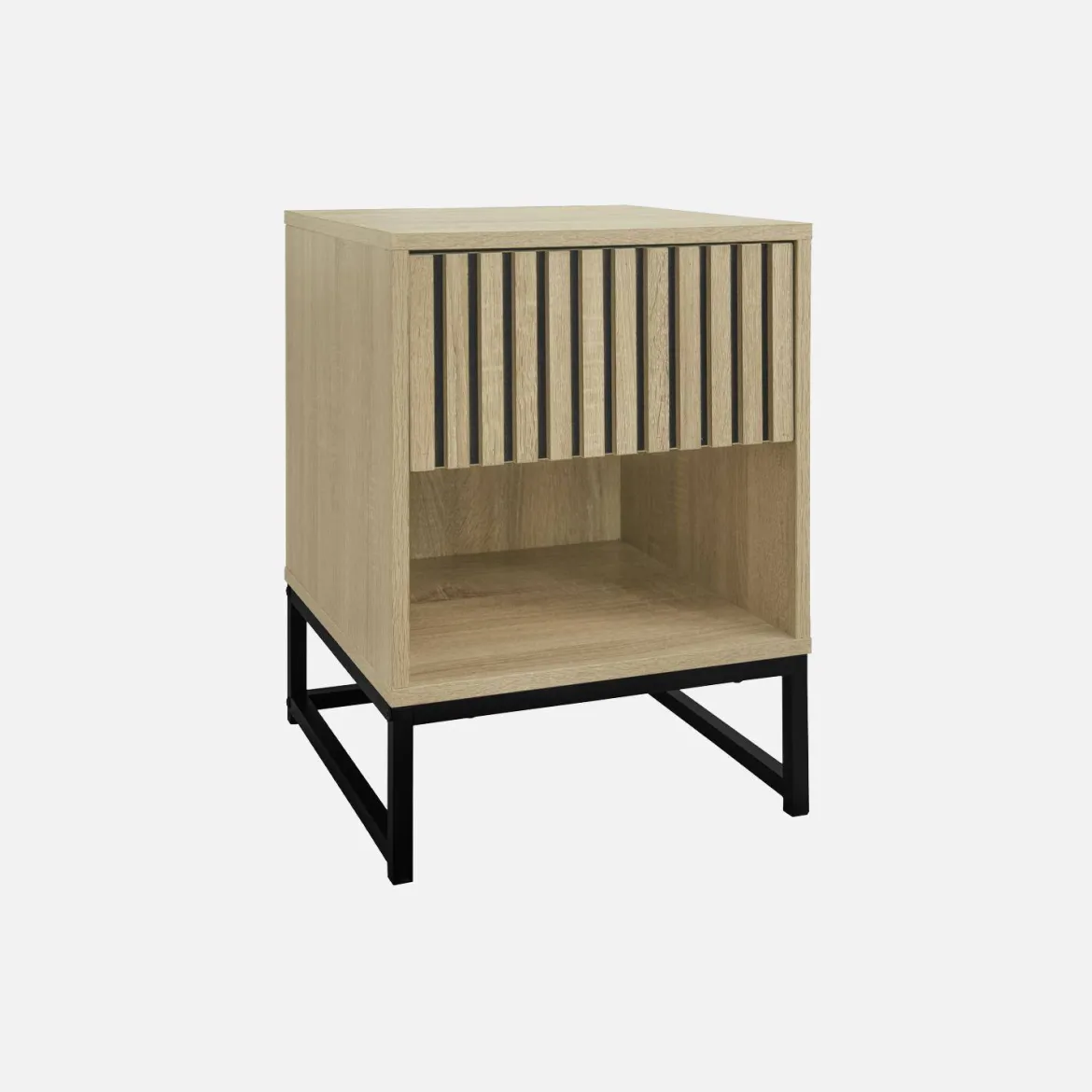Set 2 comodini contemporanei, decoro in legno scanalato, 1 cassetto