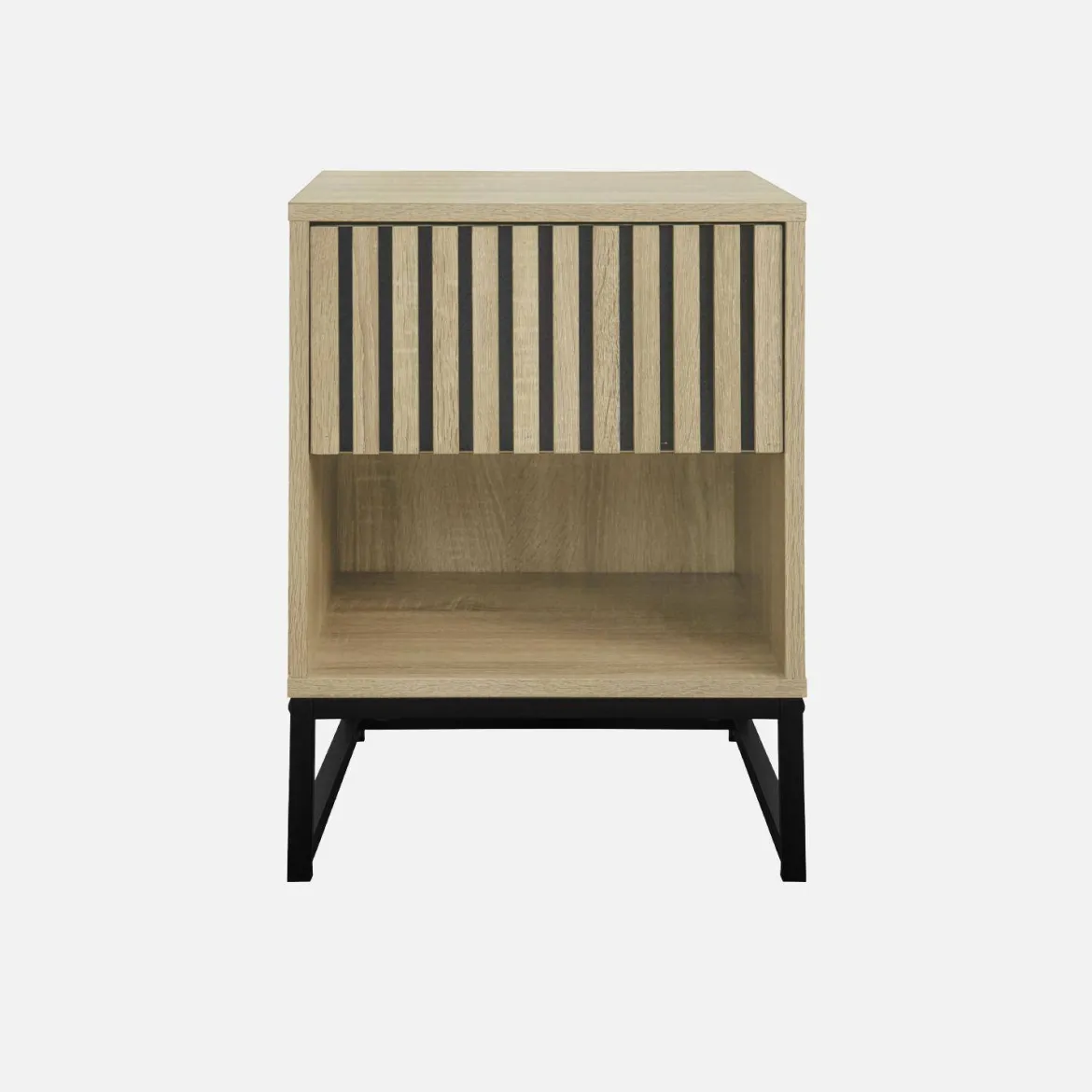 Set 2 comodini contemporanei, decoro in legno scanalato, 1 cassetto