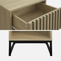 Set 2 comodini contemporanei, decoro in legno scanalato, 1 cassetto