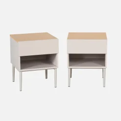 Set 2 comodini in metallo e decorazione in legno 1 anta 1 vano