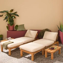 Set 2 lettini prendisole modulari in legno multiposizione con tavolino