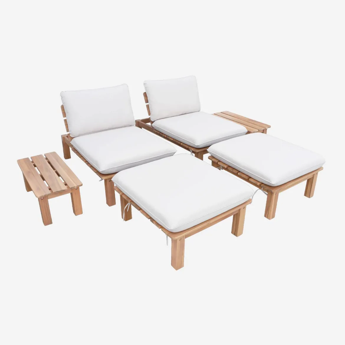 Set 2 lettini prendisole modulari in legno multiposizione con tavolino