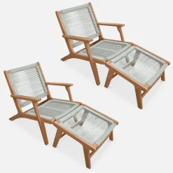 Set 2 poltrone da giardino e poggiapiedi in legno e corda