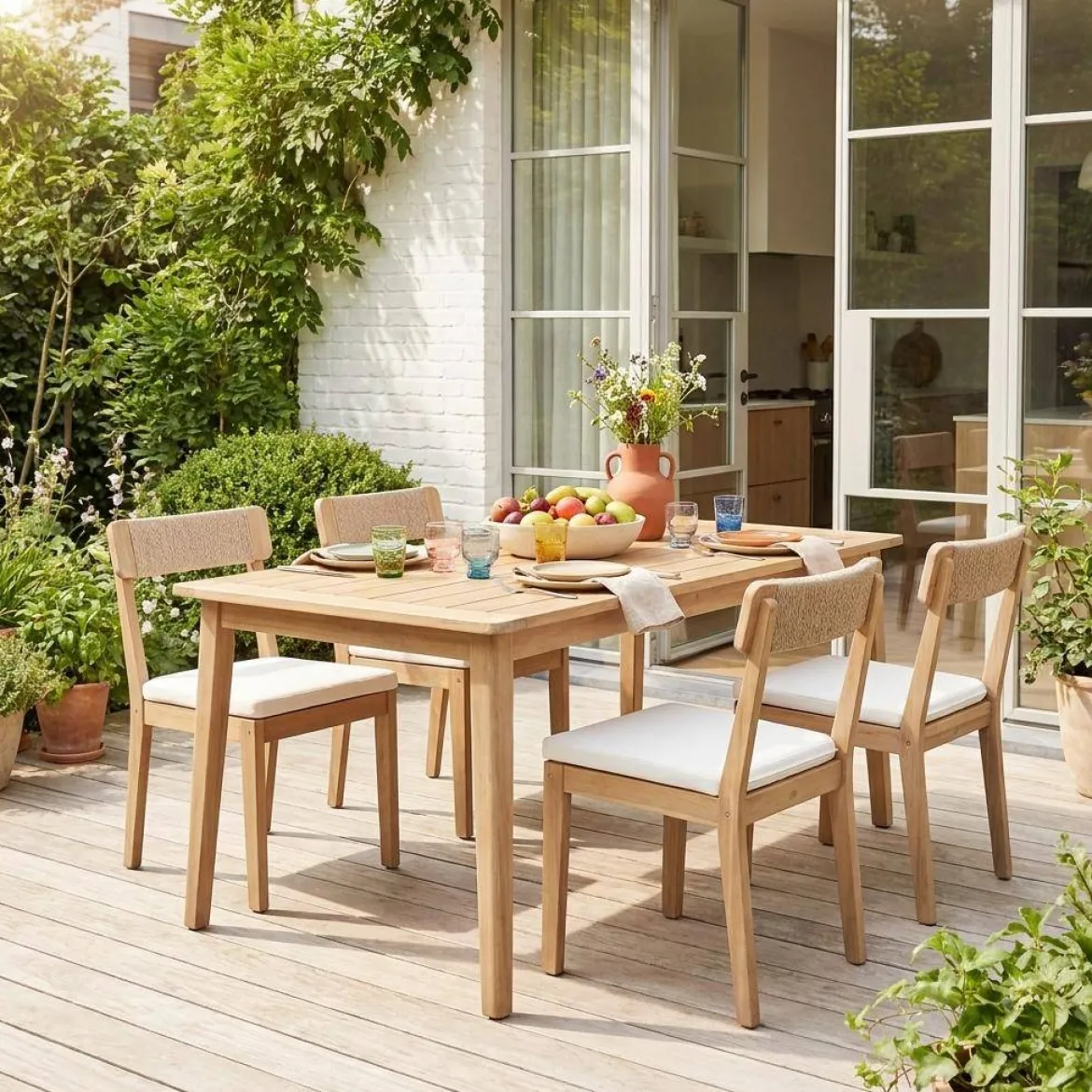 Set 4 sedie da giardino in acacia e corda
