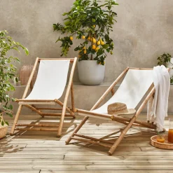 Set 2 sedie sdraio in bambù e tela naturale pieghevoli multiposizione