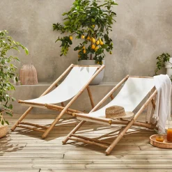 Set 2 sedie sdraio in bambù e tela naturale pieghevoli multiposizione