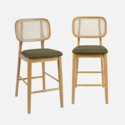 Set 2 sgabelli da bar in legno di hevea con impagliatura e tessuto, 66,5 cm