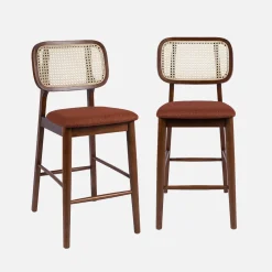 Set 2 sgabelli da bar vintage in legno di hevea con impagliatura e tessuto, 66,5 cm