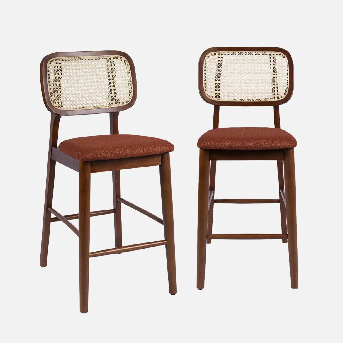 Set 2 sgabelli da bar vintage in legno di hevea con impagliatura e tessuto, 66,5 cm