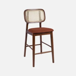 Set 2 sgabelli da bar vintage in legno di hevea con impagliatura e tessuto, 66,5 cm