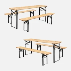 Set 2 tavoli da giardino pieghevoli in legno con 2 panche