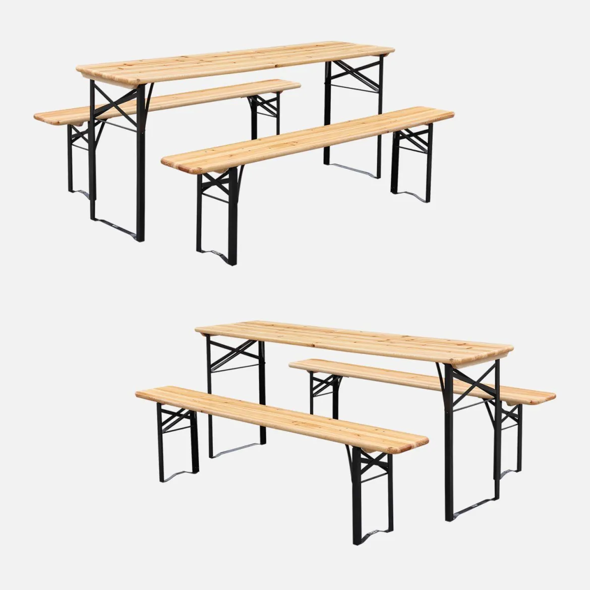Set 2 tavoli da giardino pieghevoli in legno con 2 panche