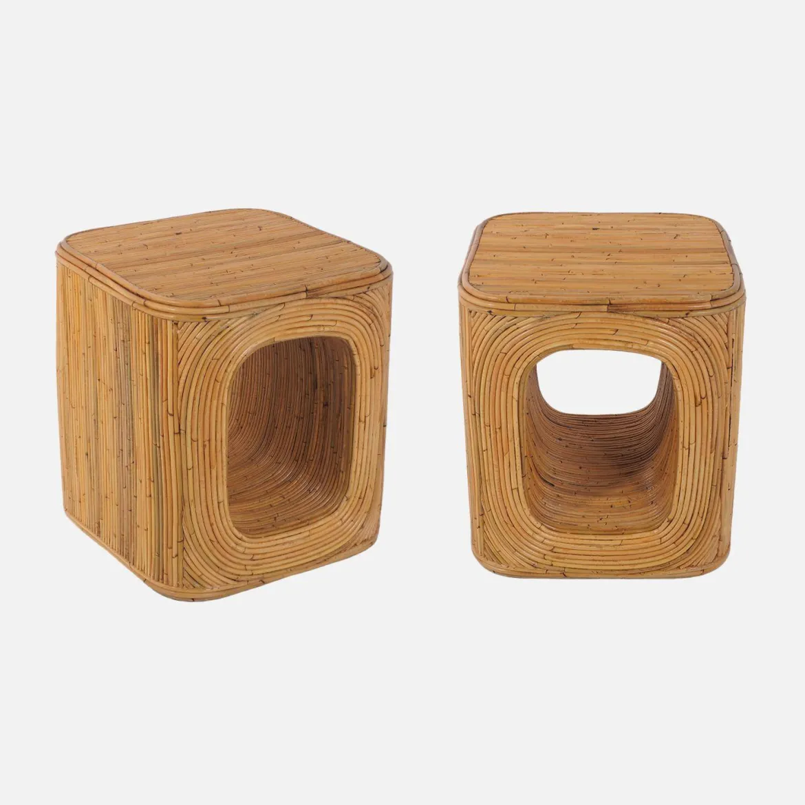 Set 2 tavolini da salotto, comodini con vano, in rattan naturale