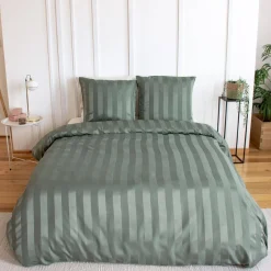 Set biancheria da letto in poliestere effetto satinato a righe sottili 2 posti verde