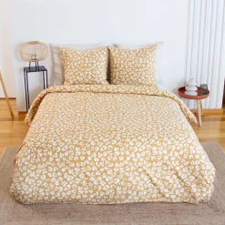 Set biancheria da letto in cotone reversibile con stampa leopardata gialla, 2 posti