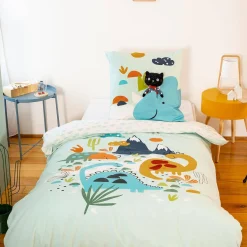 Set biancheria da letto in cotone reversibile stampata con dinosauri per un letto singolo, 140 cm