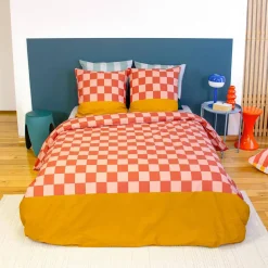 Set biancheria da letto in cotone con motivo a scacchi rosso e arancione, 2 posti