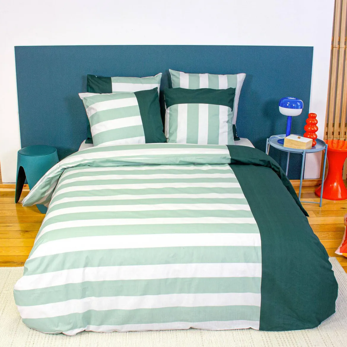 Set biancheria da letto in cotone a righe bianco e verde, 2 posti