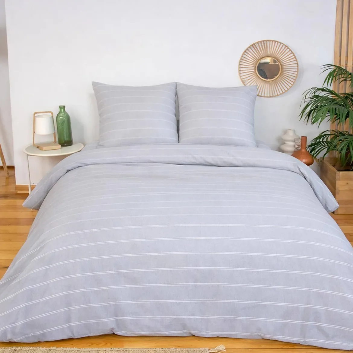 Set biancheria da letto in microfibra a righe grigie, 2 posti