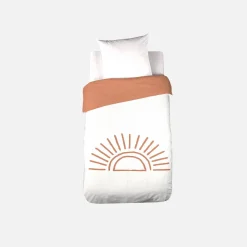 Set biancheria da letto in cotone reversibile stampato sole bianco/terracotta, 140 cm