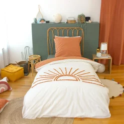 Set biancheria da letto in cotone reversibile stampato sole bianco/terracotta, 140 cm