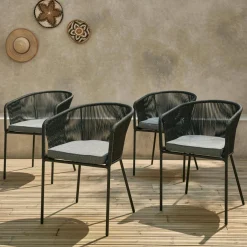 Set di 4 sedie da giardino in corda e acciaio zincato