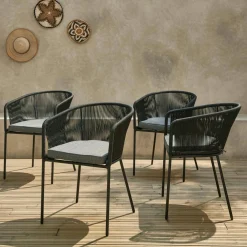 Set di 4 sedie da giardino in corda e acciaio zincato