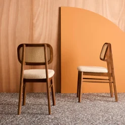 Set di 2 sedie vintage legno di hevea intrecciatura e bouclé