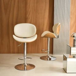 Set di 2 sgabelli da bar regolabile decorazione legno curvato e similpelle, 62/83cm
