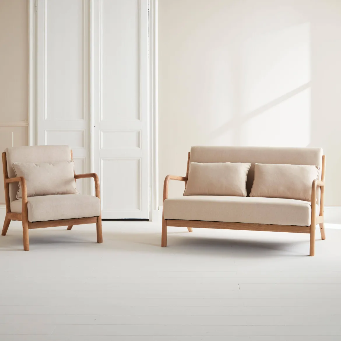 Set panca scandinava 2 posti e poltrona in legno