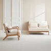 Set panca scandinava 2 posti e poltrona in legno e tessuto bouclé
