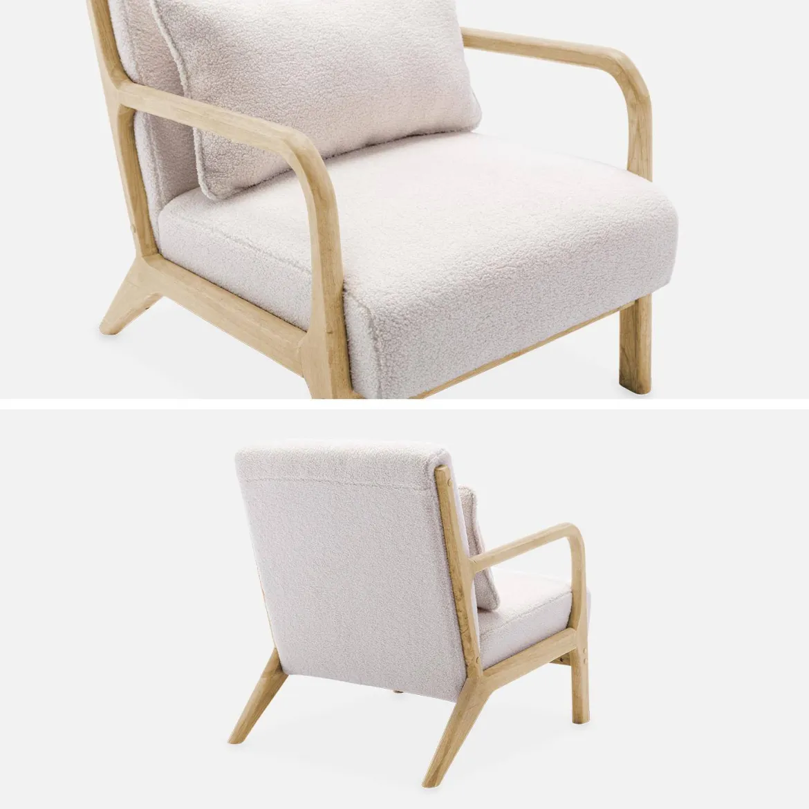 Set panca scandinava 2 posti e poltrona in legno e tessuto bouclé