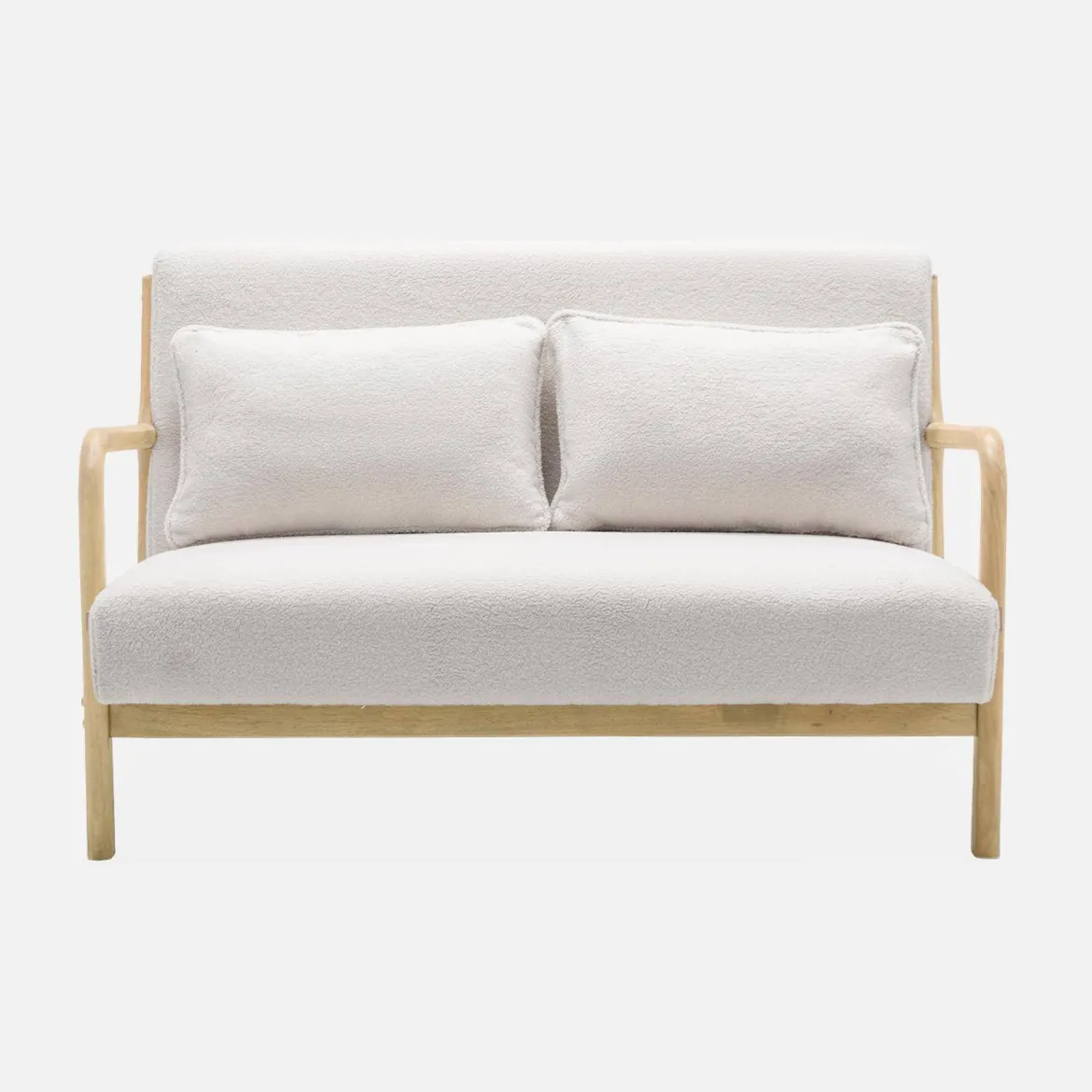 Set panca scandinava 2 posti e poltrona in legno e tessuto bouclé