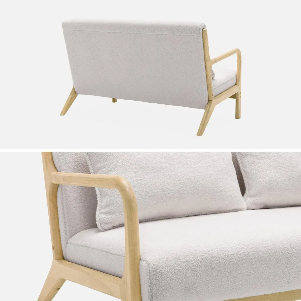 Set panca scandinava 2 posti e poltrona in legno e tessuto bouclé