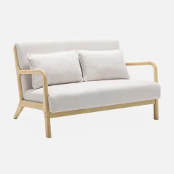 Set panca scandinava 2 posti e poltrona in legno e tessuto bouclé