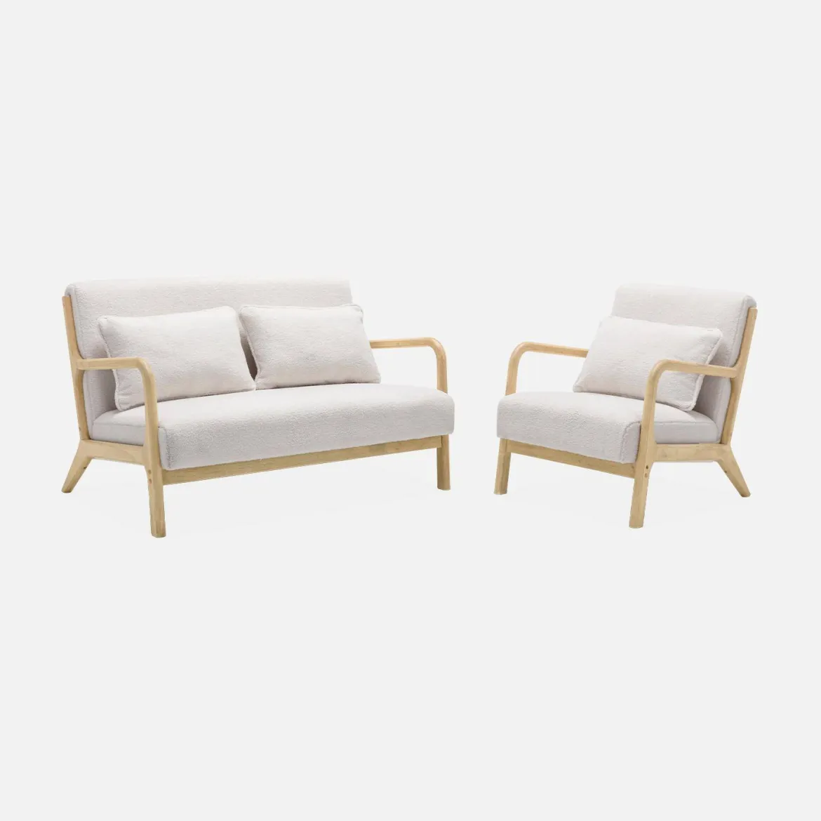 Set panca scandinava 2 posti e poltrona in legno e tessuto bouclé