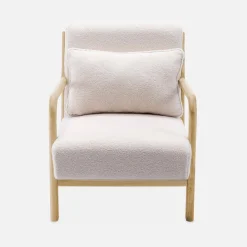 Set panca scandinava 2 posti e poltrona in legno e tessuto bouclé