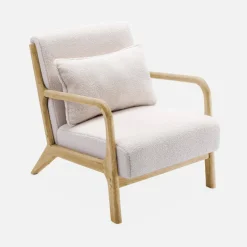 Set panca scandinava 2 posti e poltrona in legno e tessuto bouclé