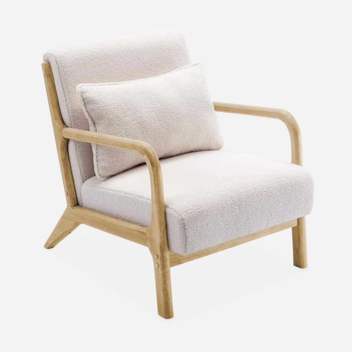 Set panca scandinava 2 posti e poltrona in legno e tessuto bouclé