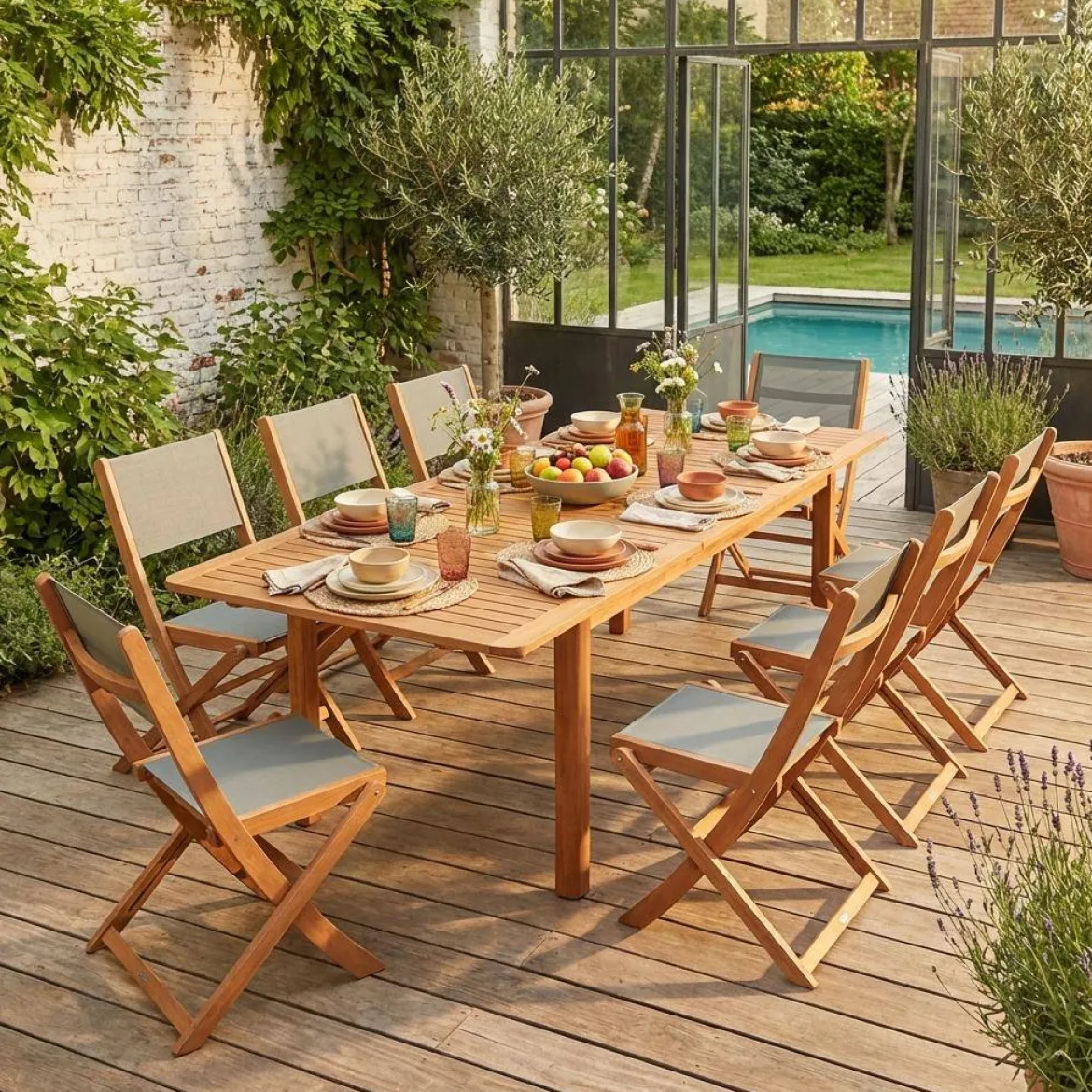 Set tavolo da giardino allungabile in legno di eucalipto con 8 sedie