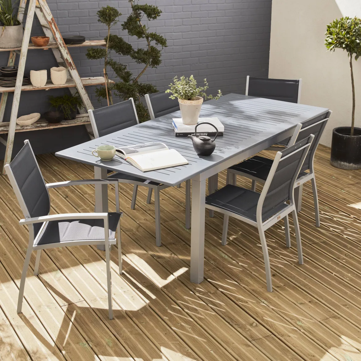 Set tavolo da giardino allungabile in alluminio con 6 sedie