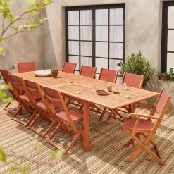 Set tavolo da giardino allungabile in legno con 10 sedie