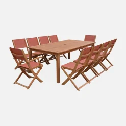 Set tavolo da giardino allungabile in legno con 10 sedie